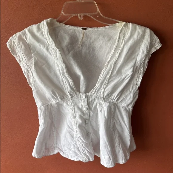 Free People White Lace-Trim Button Front Peplum Blouse - Picture 2 of 4